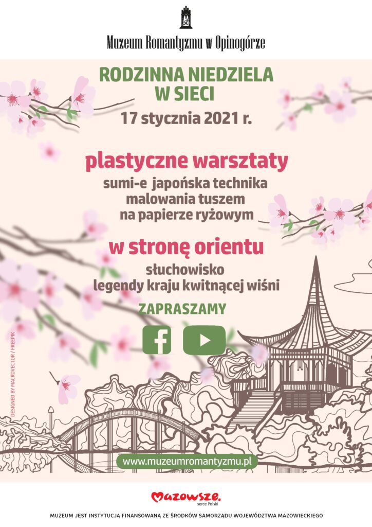 Plakat przedstawiający graficznie informacje odnośnie wydarzenia Rodzinna Niedziela. Szkic japońskiej budowli na tle różowych kwiatów, jasne tło