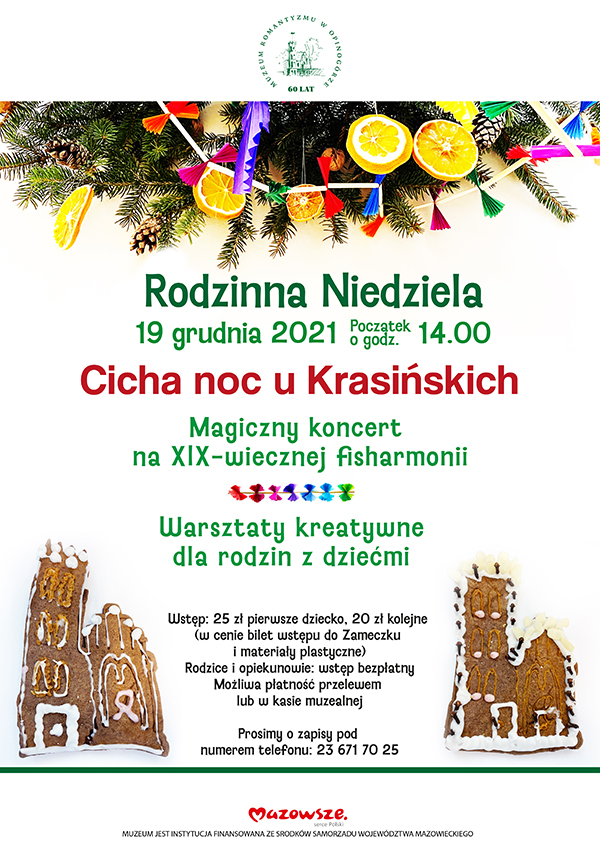 Plakat zapraszający na wydarzenie Rodzinna Niedziela. Na białym tle dekoracja świąteczna z gałązek świerkowych oraz pierniki w kształcie zameczku.