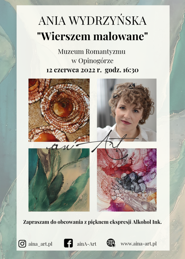 Plakat zapraszający na wernisaż wystawy Ani Wydrzyńskiej "Wierszem malowane"