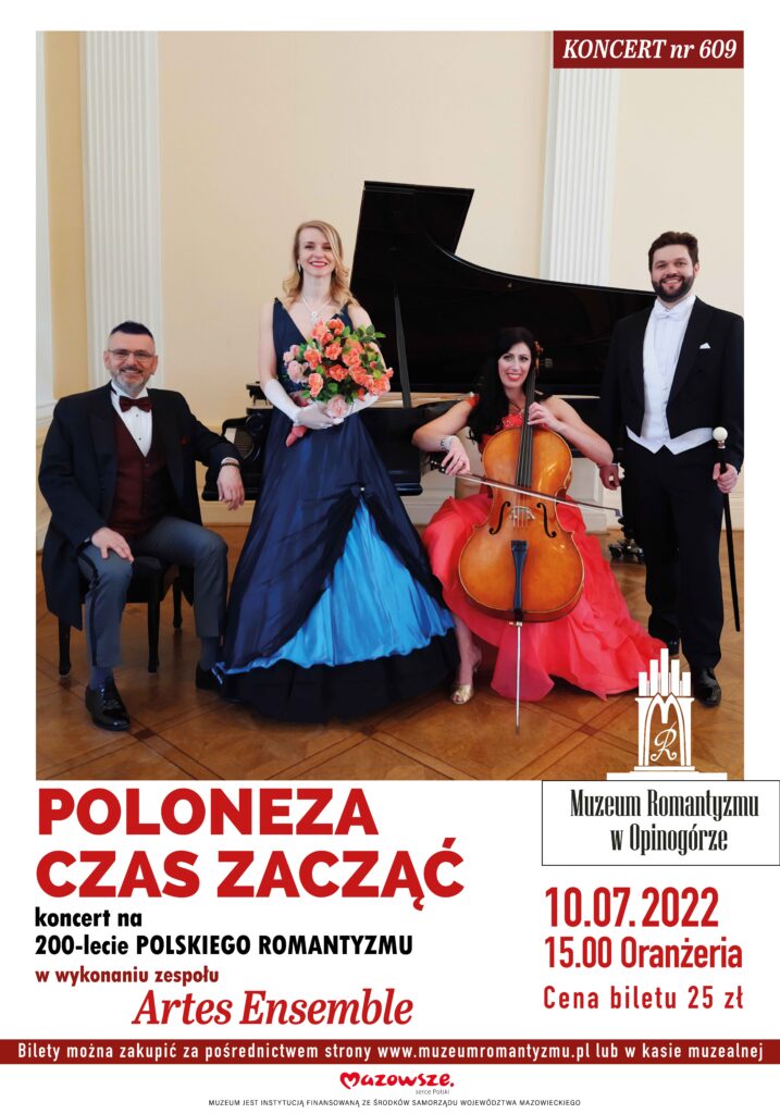 Na plakacie czterech muzyków, dwie kobiety i dwóch mężczyzn w strojach galowych na tle fortepianu.