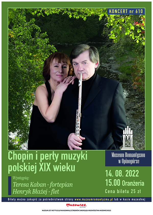 Plakat przedstawiający mężczyznę grającego na flecie oraz kobietę wpartą na jego ramieniu 