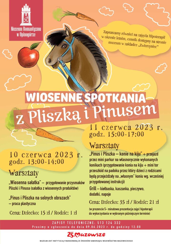 Plakat promujący "Wiosenne spotkania z Pliszką i Pinusem" w Muzeum.