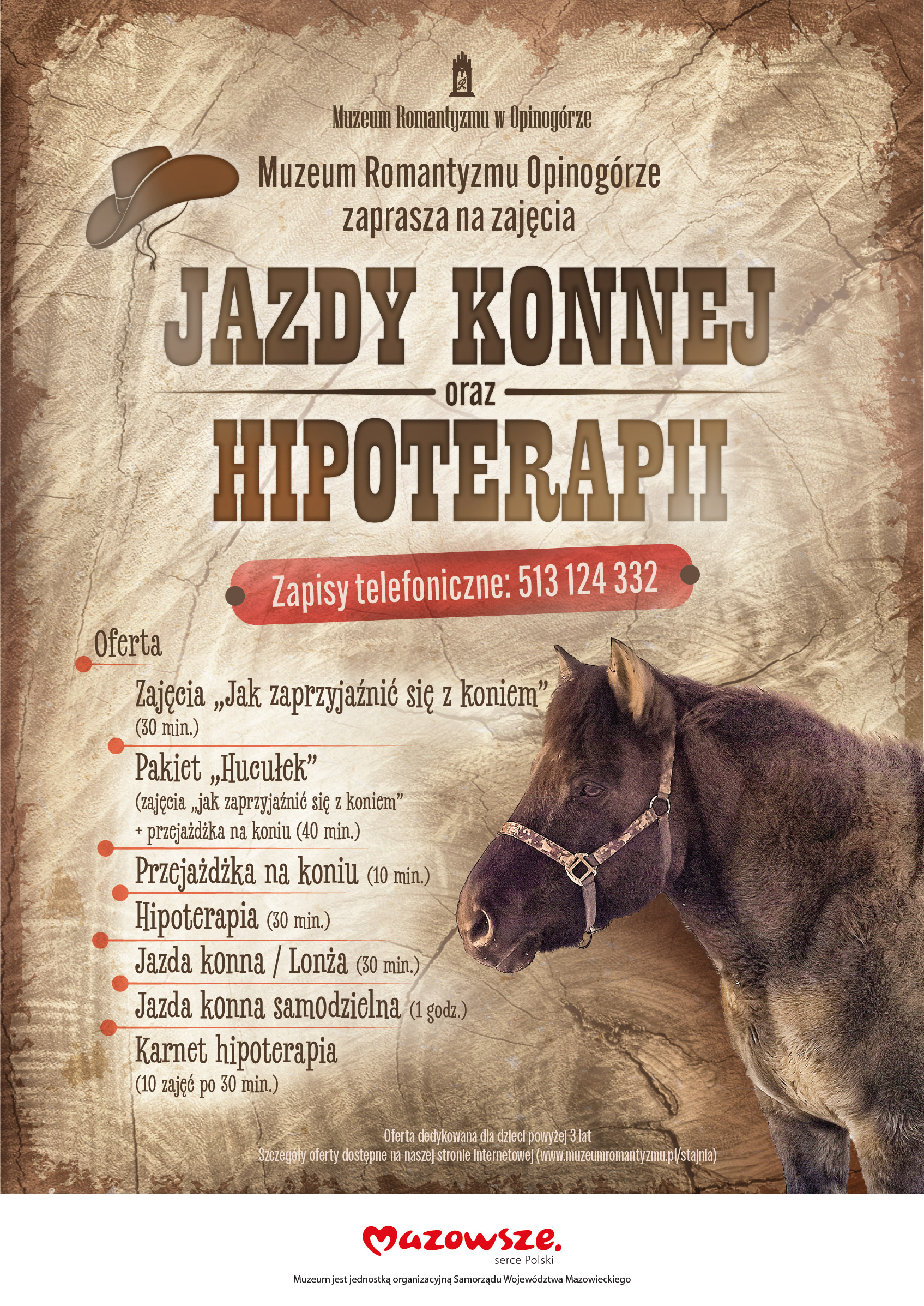 Plakat stylizowany na stary pergamin z kowbojskim kapeluszem z treścią oferty.