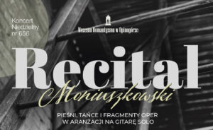 Czarno-biały plakat koncertowy z czerwonymi i złotymi akcentami. W centrum znajduje się portret uśmiechniętego, młodego mężczyzny w kamizelce i koszuli, który trzyma gryf gitary klasycznej. Tłem dla postaci są surowe, industrialne konstrukcje z cegły i metalowych belek. Górną część plakatu zajmuje duży napis tytułowy, a w dolnej części, na jasnym tle z delikatnymi, czerwonymi falami, umieszczono logotypy organizatorów i partnerów.