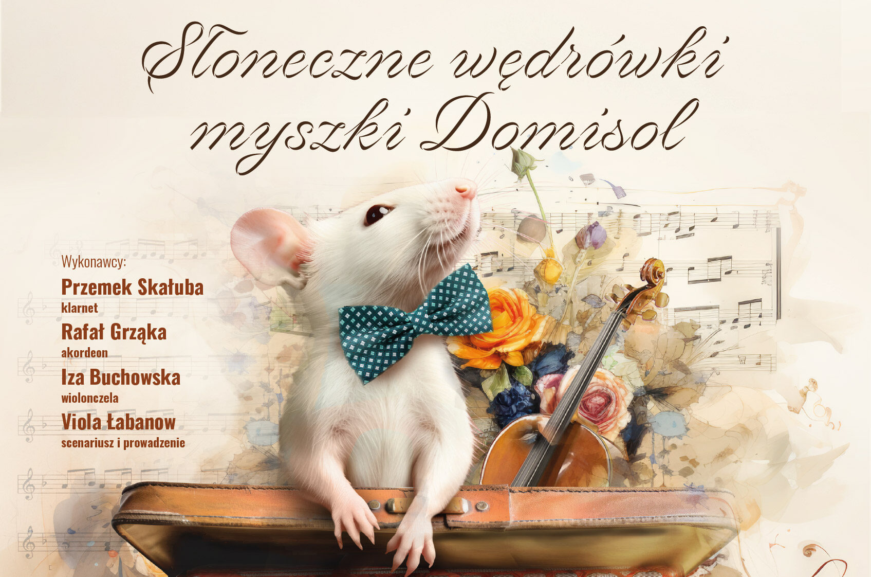 Biała myszka w zielonej muszce w grochy wygląda z otwartej, zabytkowej, skórzanej walizki. Za nią widać skrzypce oraz kolorowe kwiaty na tle rozmytych nut muzycznych. Plakat zapowiada koncert dla dzieci „Słoneczne wędrówki myszki Domisol” w Muzeum Romantyzmu w Opinogórze, zaplanowany na 21 czerwca 2026 roku.