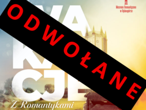 Fragment plakatu z czerwonym tekstem na czarnym tle o treści "Odwołane"